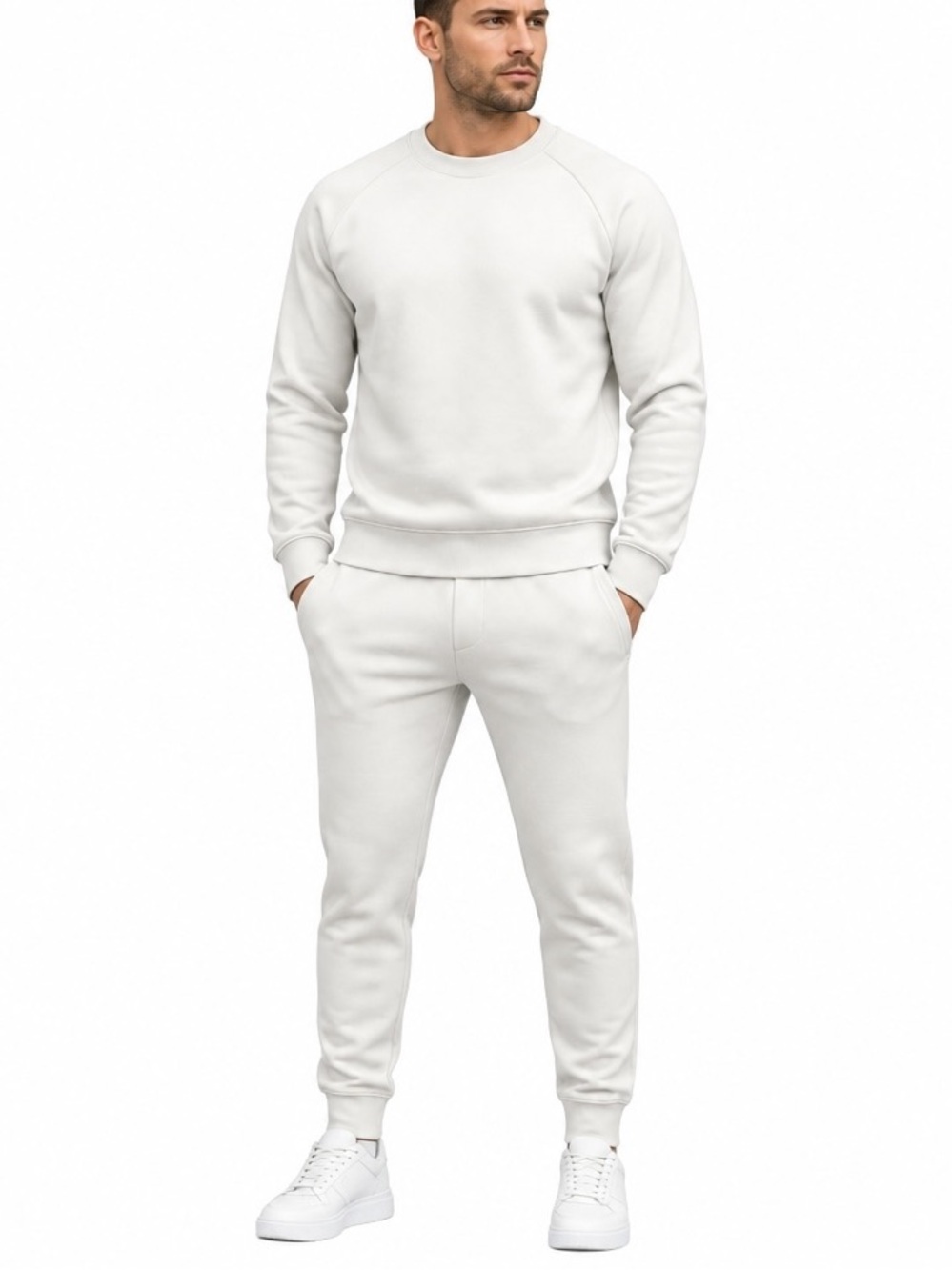 Men's White Crewneck Sweatshirt and Jogger Set